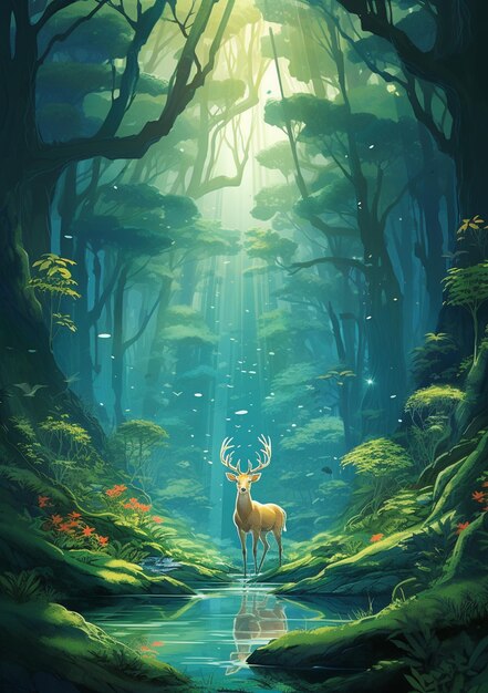 There is a deer standing in the middle of a forest generative ai