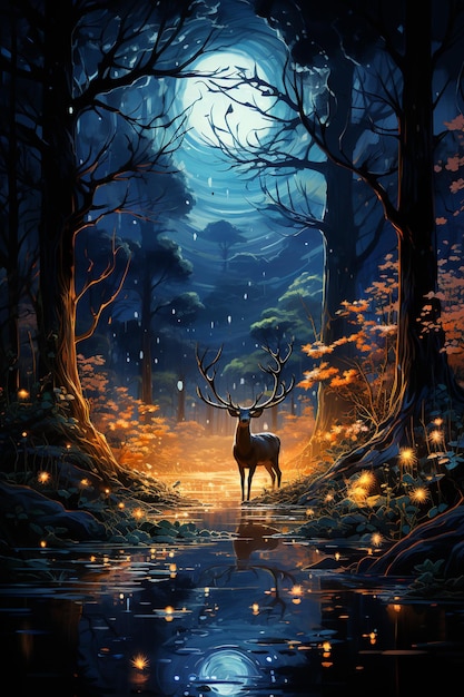 there is a deer standing in the middle of a forest at night generative ai