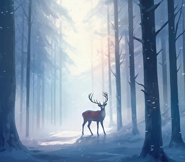 there is a deer standing in the middle of a snowy forest generative ai