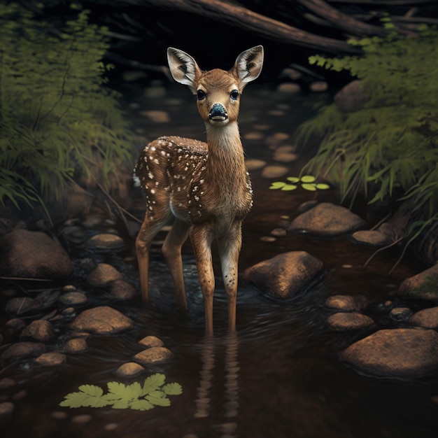 There is a deer standing in a stream of water near rocks generative ai