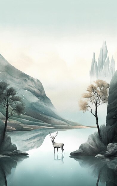 There is a deer standing in the water near a mountain generative ai