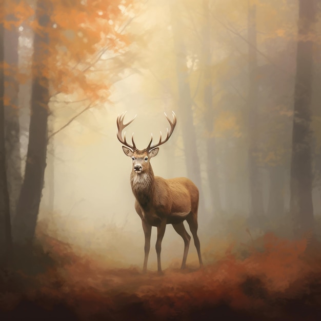 There is a deer standing in the woods with foggy trees generative ai