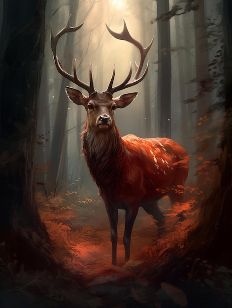 There is a deer standing in the woods with a lot of leaves generative ai