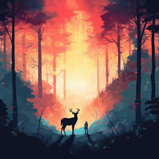 There is a deer standing in the woods with a person looking at it generative ai