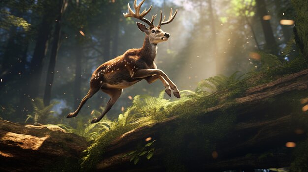 there is a deer that is jumping over a fallen tree generative ai