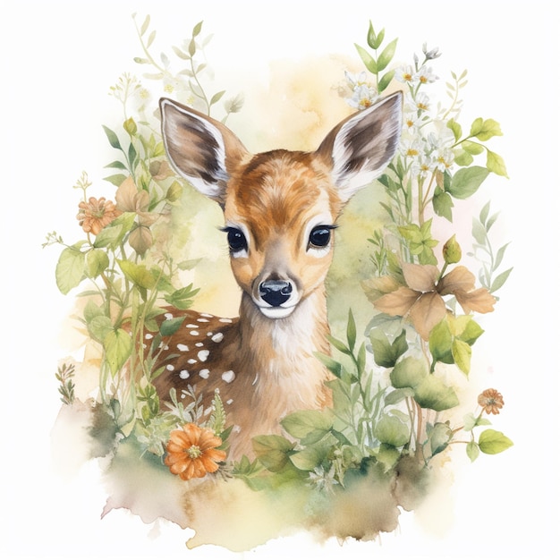 There is a deer that is sitting in the grass with flowers generative ai