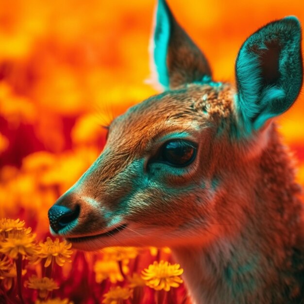 There is a deer that is standing in a field of flowers generative ai