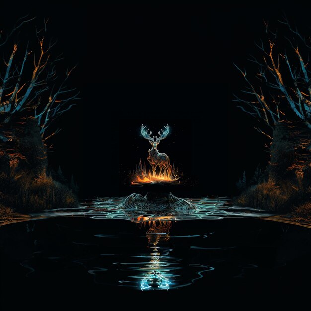 Photo there is a deer that is standing in the water at night generative ai