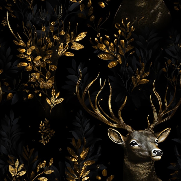 there is a deer with antlers and gold leaves on a black background generative ai