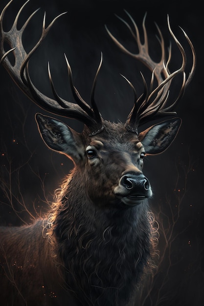 there is a deer with antlers on its head in the dark generative ai