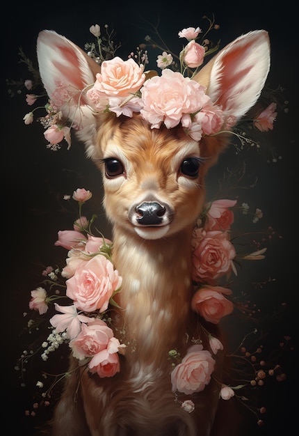 There is a deer with flowers on its head and a black background generative ai