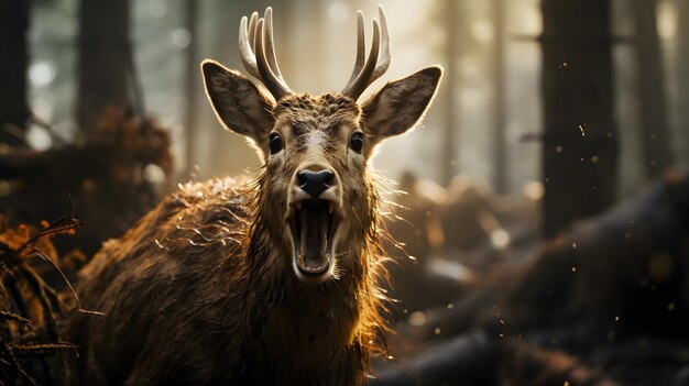 there is a deer with horns standing in the woods with its mouth open Generative AI