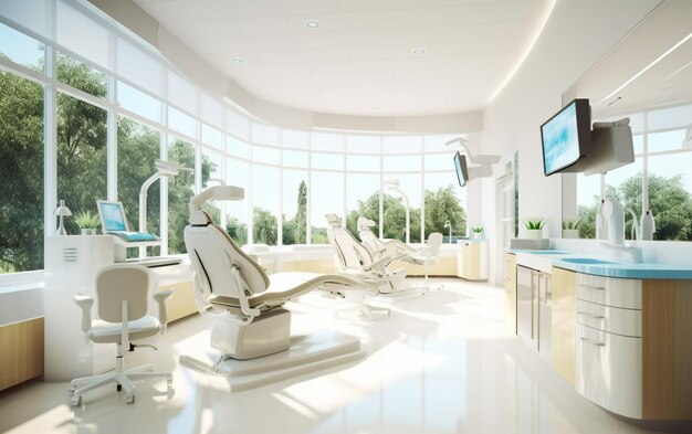 There is a dentists chair in a room with a large window generative ai