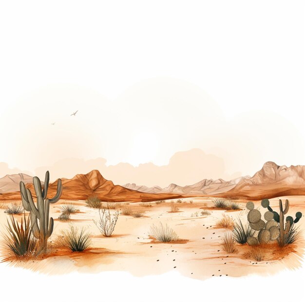 Photo there is a desert scene with a cactus plant and mountains in the background generative ai