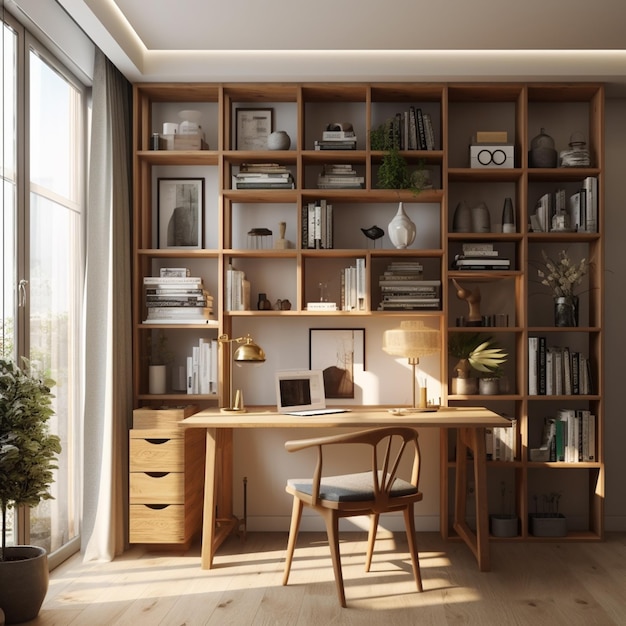 There is a desk with a chair and a book shelf in the corner generative ai