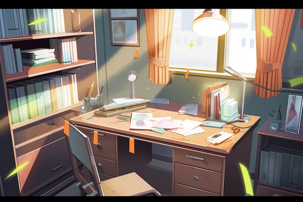 Premium AI Image | There is a desk with a chair and a book shelf ...