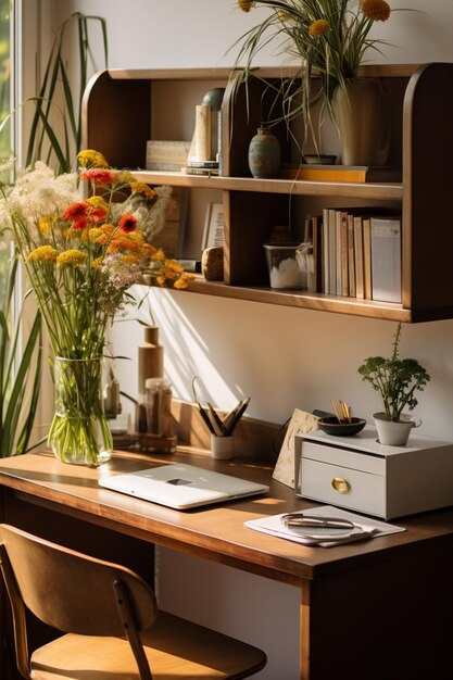 there is a desk with a computer and a vase of flowers generative ai