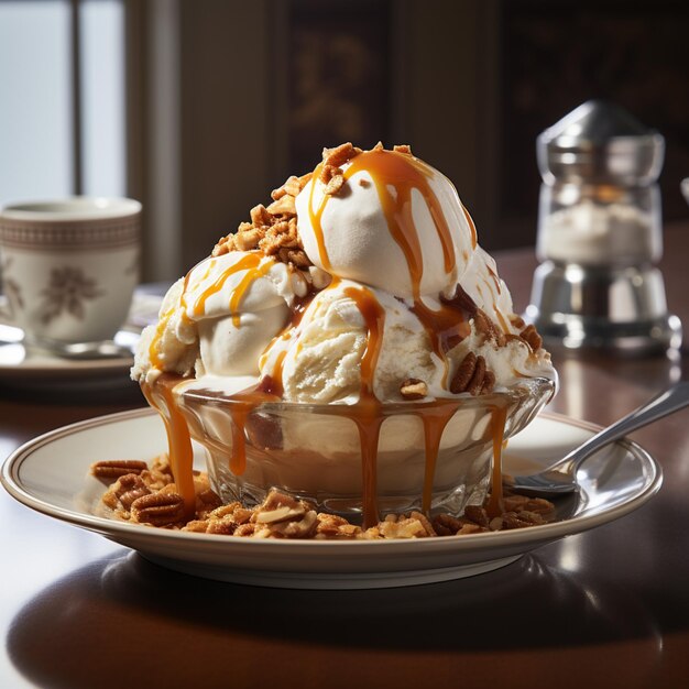 There is a dessert with ice cream and caramel on a plate generative ai