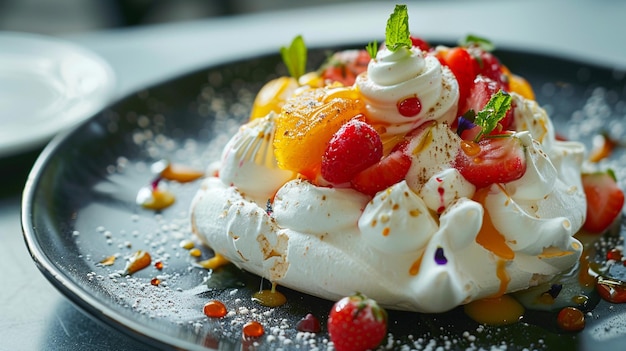 there is a dessert with whipped cream and fruit on it generative ai