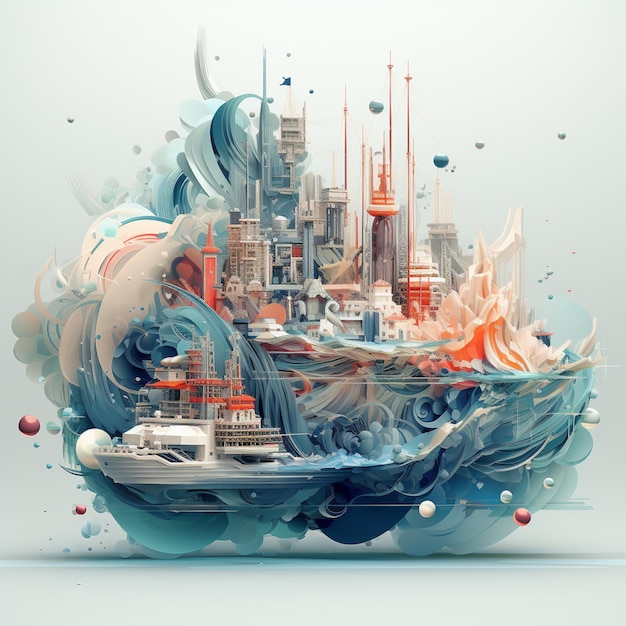 Foto c'è un'illustrazione digitale di una città con una barca nell'acqua generativa ai