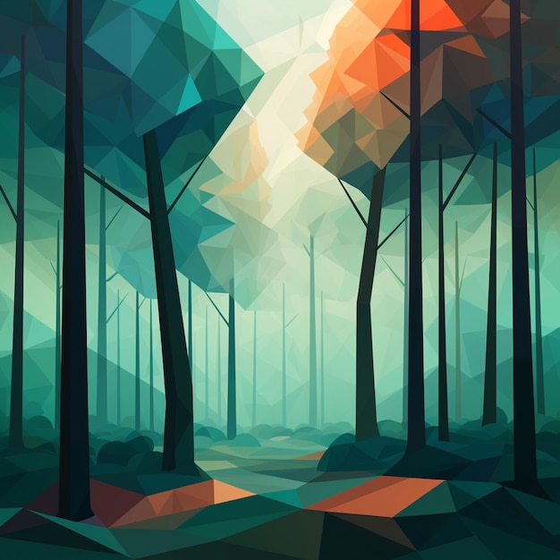 There is a digital illustration of a forest with low polygonal trees generative ai