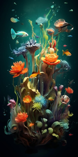 There is a digital painting of a bunch of flowers under water generative ai