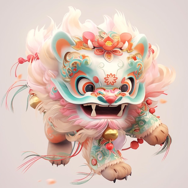 there is a digital painting of a chinese lion with a flower on its head generative ai