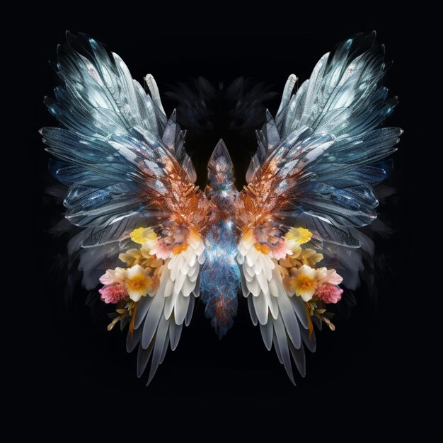 Photo there is a digital painting of a pair of wings with flowers generative ai