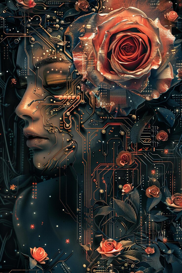 Photo there is a digital painting of a woman with a rose in her hair generative ai