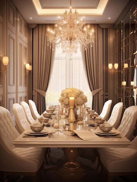 There is a dining room with a table and chairs and a chandelier generative ai