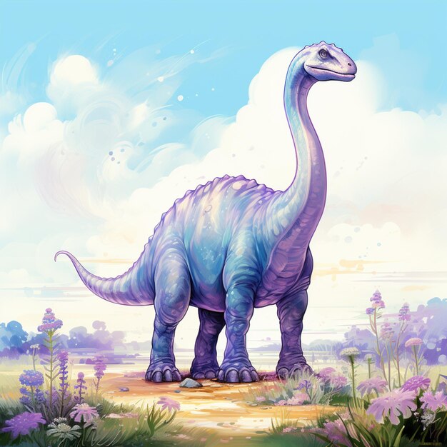 Есть динозавр, стоящий в траве с цветами.