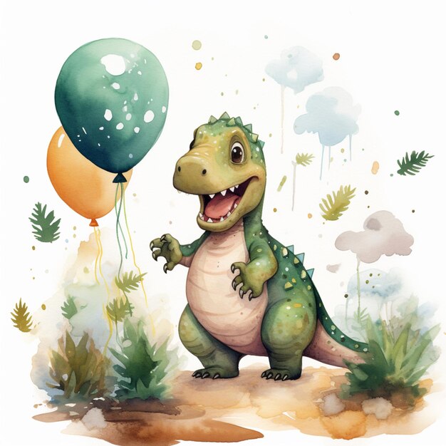 there is a dinosaur that is holding a balloon in the air generative ai