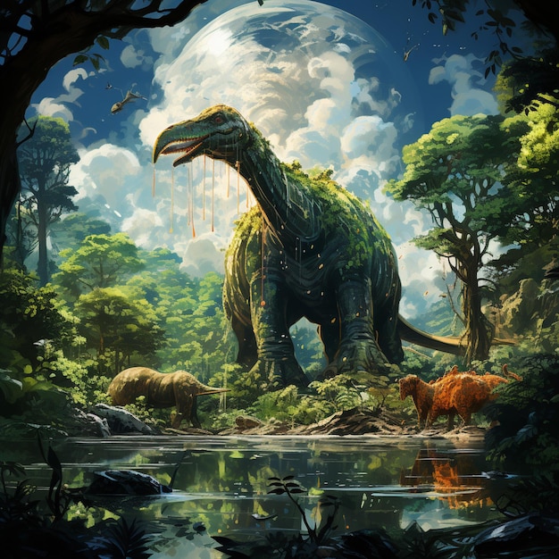 Есть динозавр, который гуляет в лесу генеративный ай