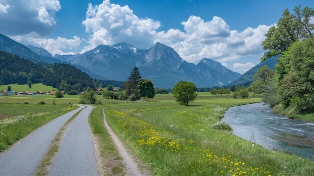 there is a dirt road that is next to a river generative ai