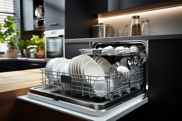 на кухне есть посудомоечная машина с множеством посуды