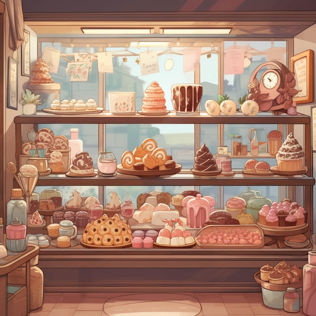 There is a display case with many different types of cakes generative ai