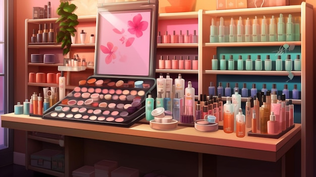 Photo there is a display of cosmetics products on a table in a store generative ai