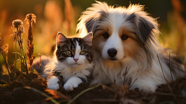 there is a dog and a cat laying in the grass Generative AI