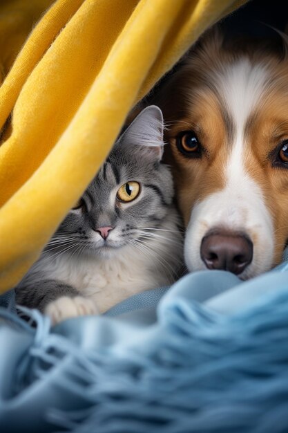 Photo there is a dog and a cat that are under a blanket generative ai