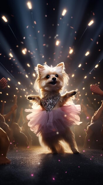 There is a dog dressed up in a dress on a stage generative ai