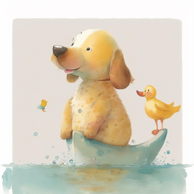 there is a dog and a duck sitting in a boat generative ai