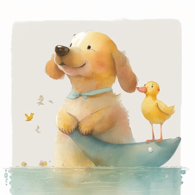 there is a dog and a duck sitting in a boat generative ai