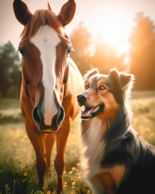 There is a dog and a horse standing in a field AI Generative