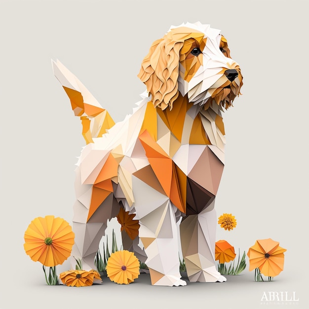 There is a dog made out of paper with flowers in the background generative ai