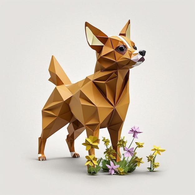 There is a dog made out of paper with flowers in the background generative ai