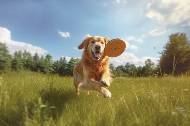 Photo there is a dog running in the grass with a frisbee in its mouth generative ai