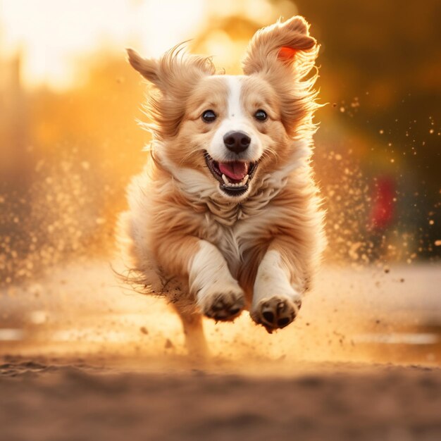 There is a dog running in the sand with its mouth open generative ai