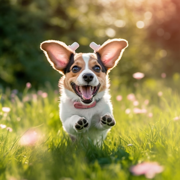 There is a dog running through the grass with its mouth open generative ai