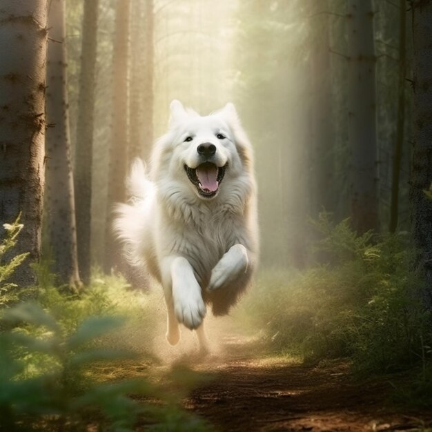 There is a dog running through the woods with a sunbeam generative ai