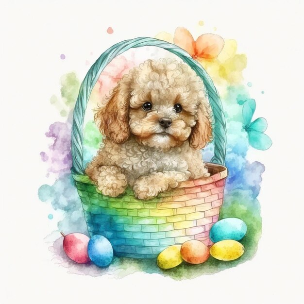 there is a dog sitting in a basket with eggs generative ai